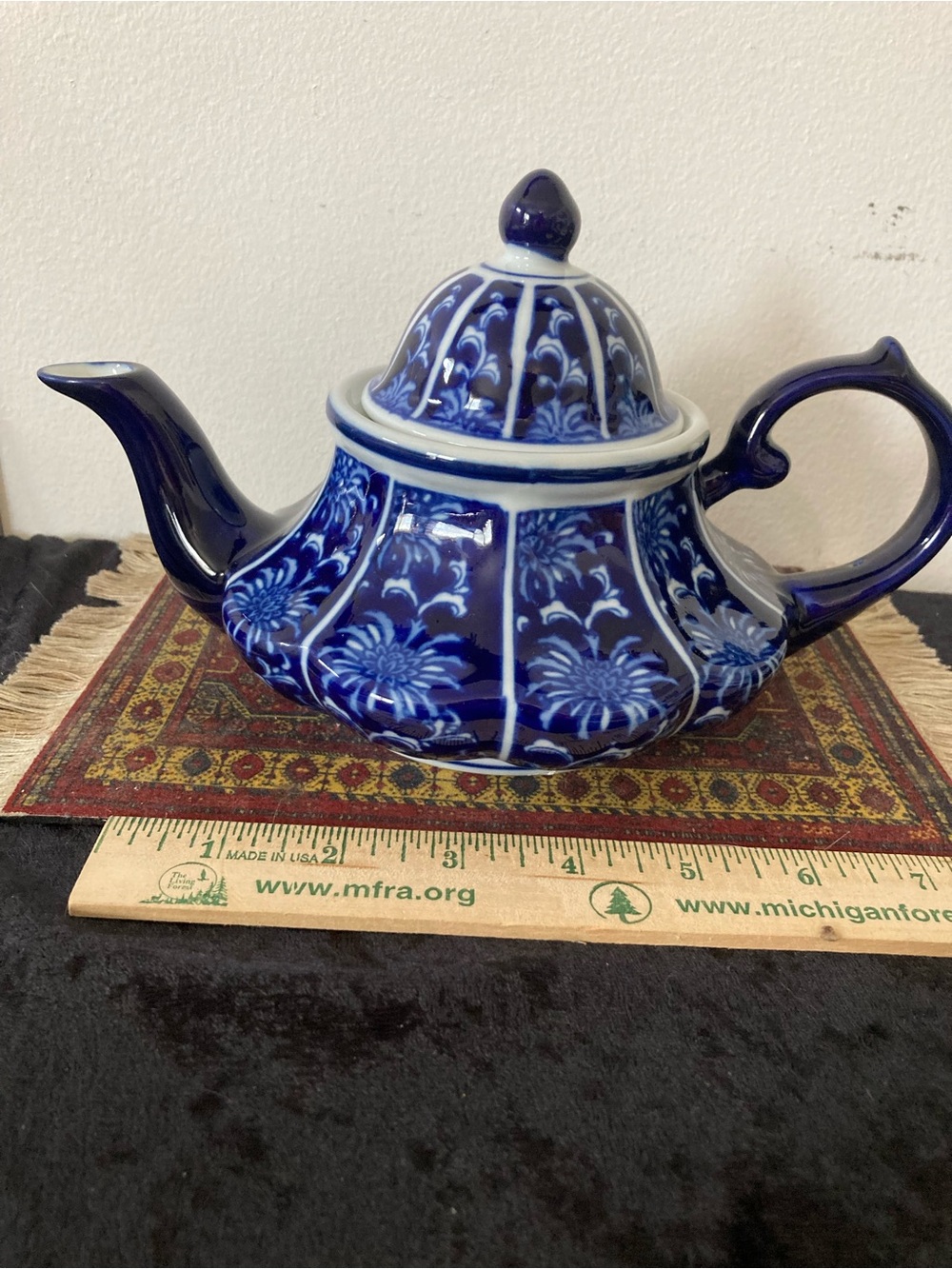 Bombay Cobalt Blue Chinoiserie Floral Ceramic Teapot Asian Garden Ribbed Body